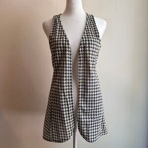 Vintage  70s Houndstooth Vest Navy‎ Cream 6 Longline Open Front ILGWU
